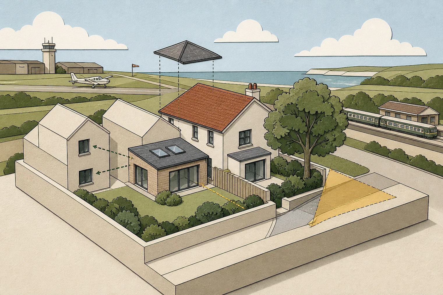 Cut-paper planning illustration for Adur, showing extensions, neighbours, access and open land near simplified local landmarks.