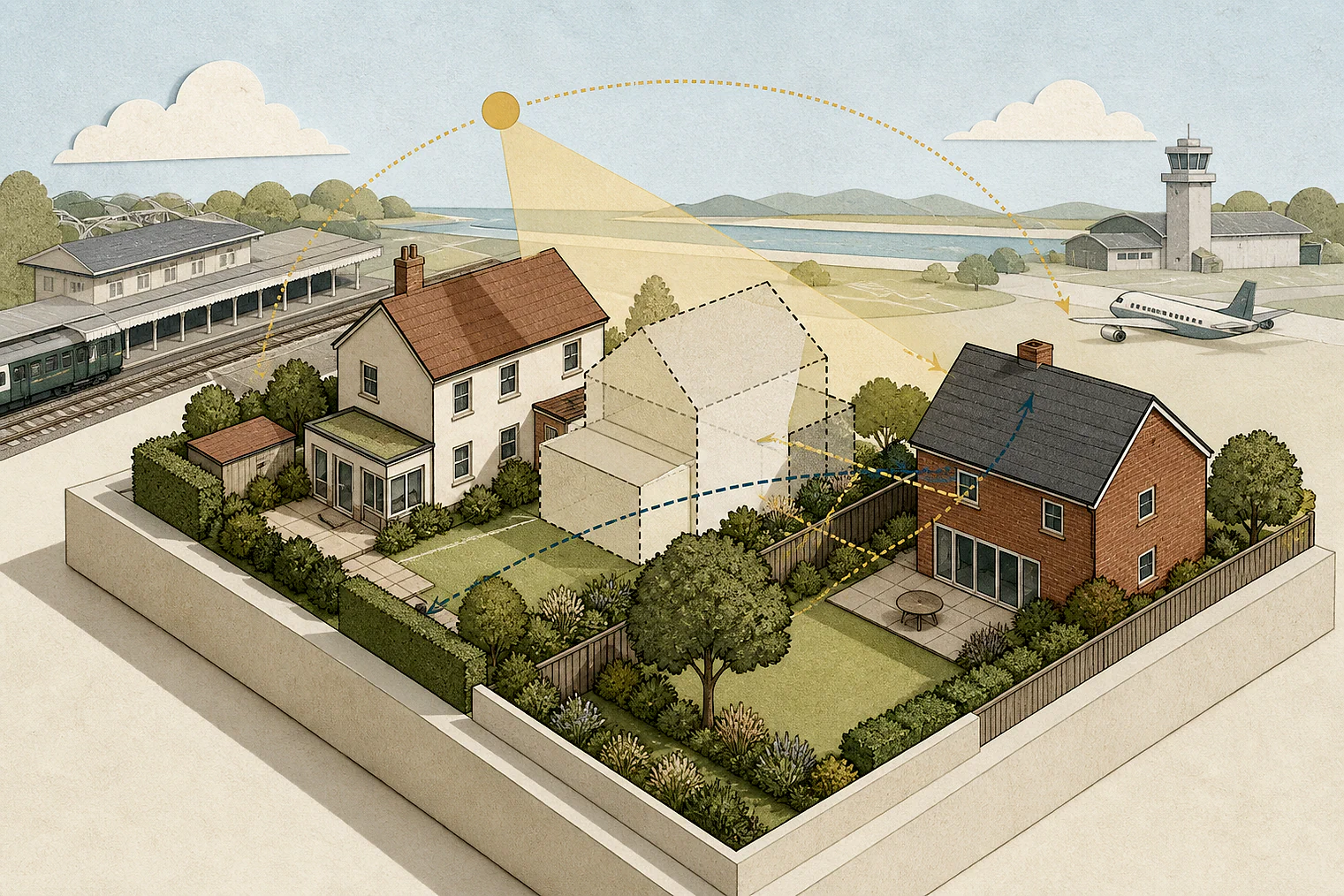 Cut-paper illustration of an imaginary privacy, daylight and neighbour living conditions planning issue in Adur, with simplified local landmarks.