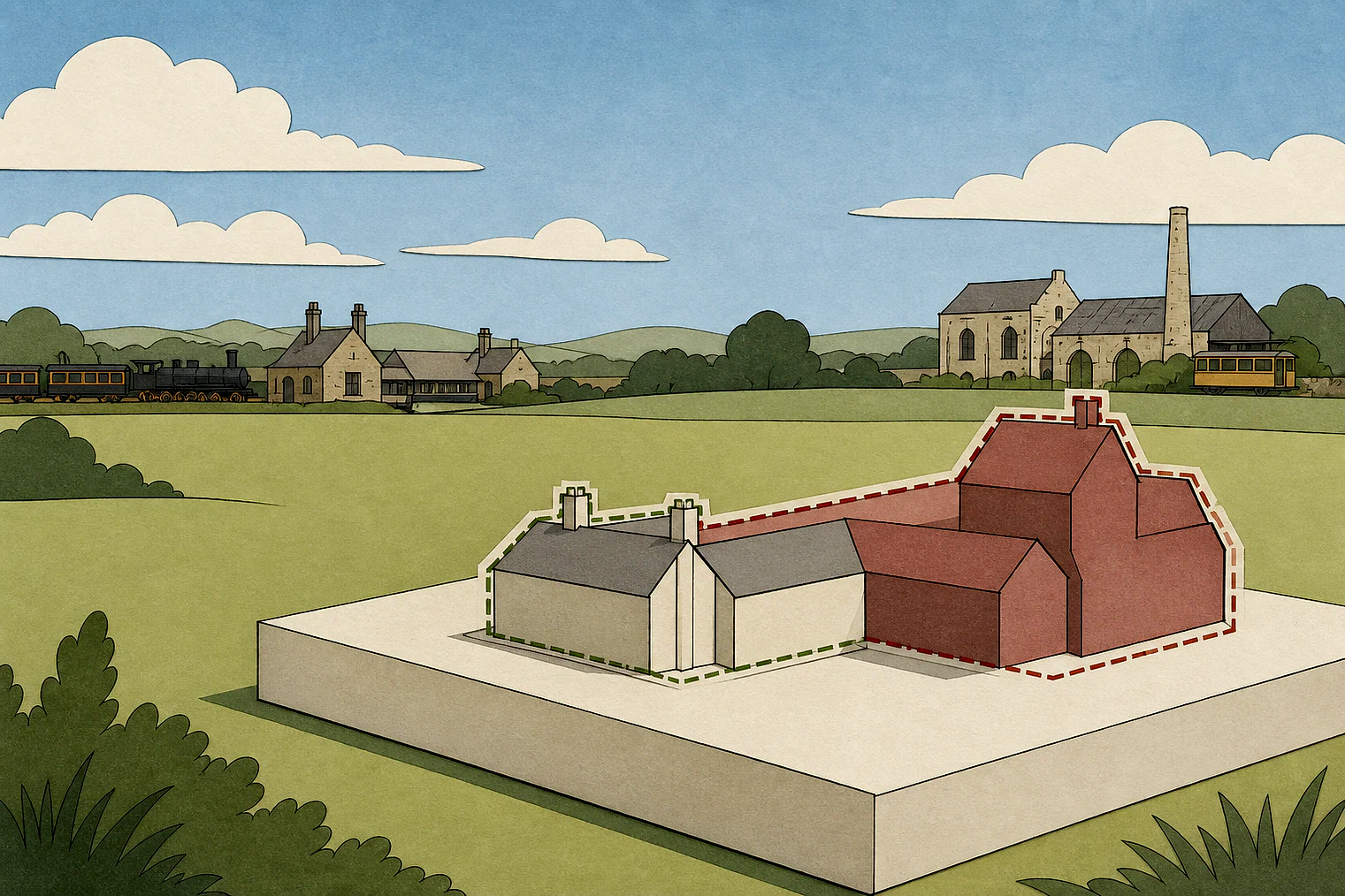 Cut-paper illustration of an imaginary building scale and Green Belt openness planning issue in Amber Valley, with simplified local landmarks.