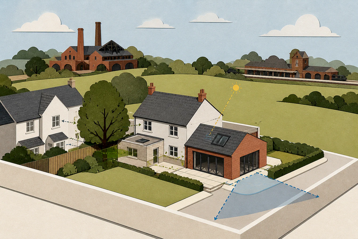 Cut-paper planning illustration for Amber Valley, showing extensions, neighbours, access and open land near simplified local landmarks.