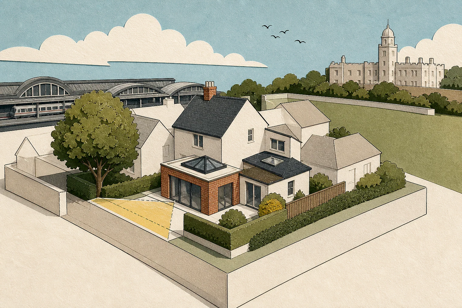 Cut-paper planning illustration for Arun, showing extensions, neighbours, access and open land near simplified local landmarks.