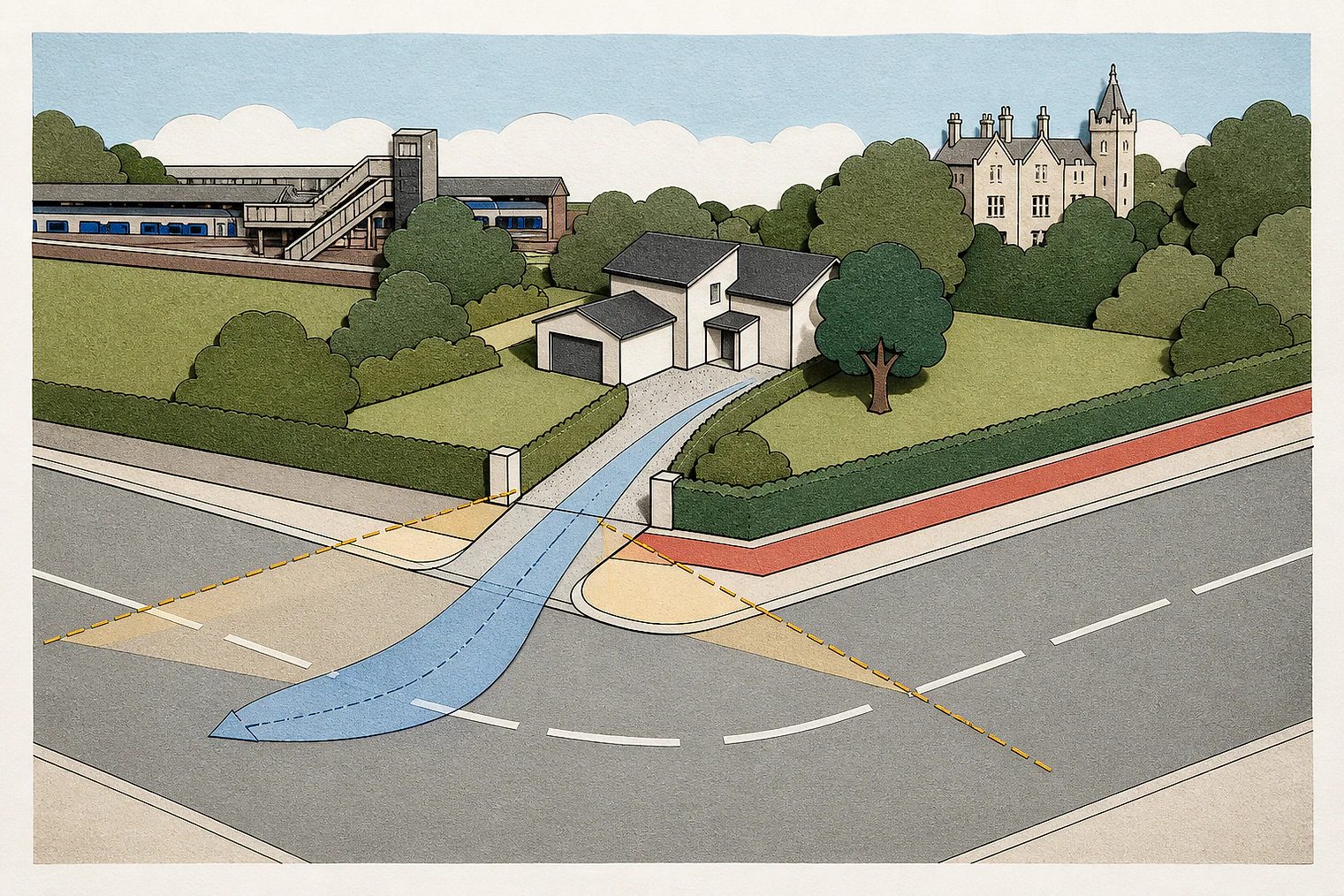 Cut-paper illustration of an imaginary access, visibility and highway safety planning issue in Ashfield, with simplified local landmarks.