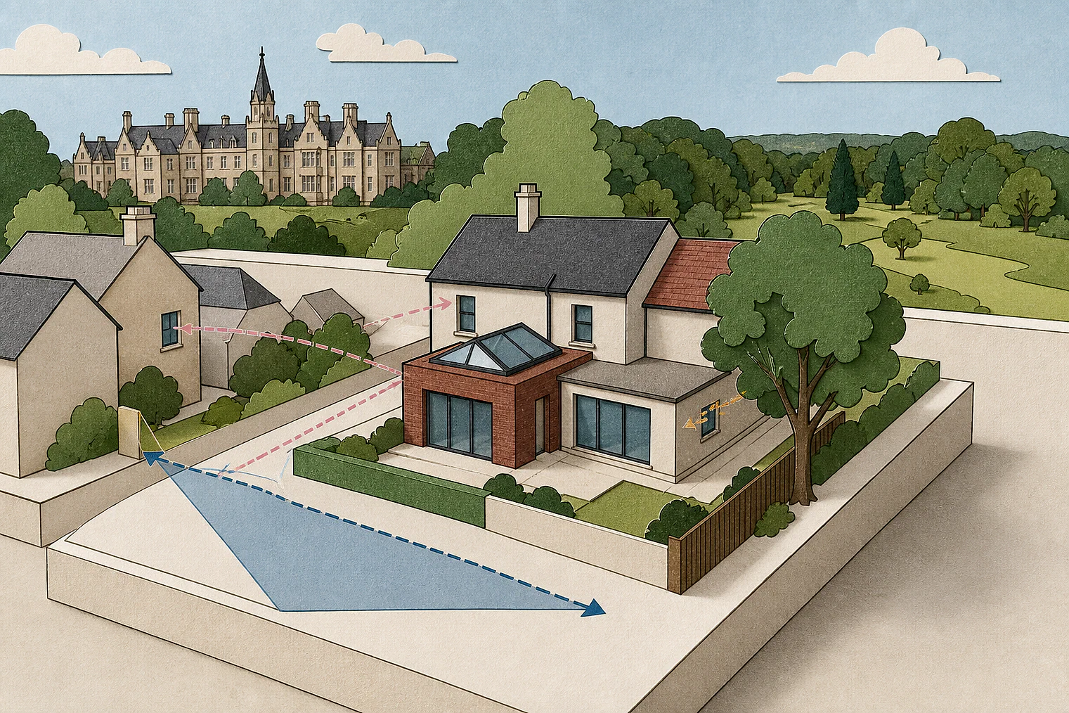 Cut-paper planning illustration for Ashfield, showing extensions, neighbours, access and open land near simplified local landmarks.