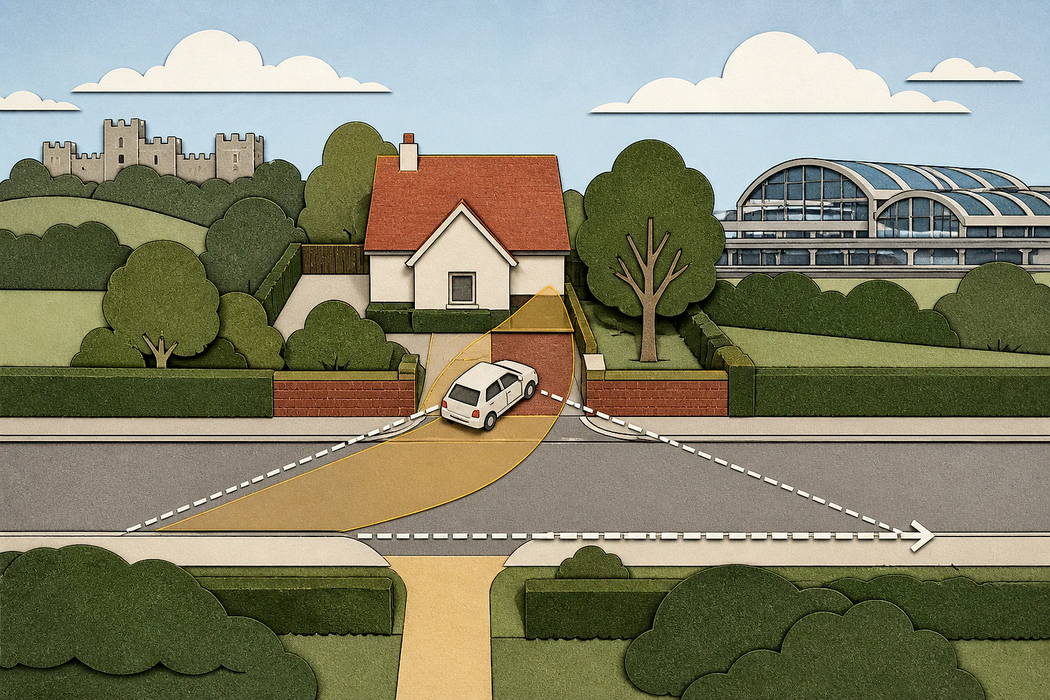 Cut-paper illustration of an imaginary access, visibility and highway safety planning issue in Ashford, with simplified local landmarks.