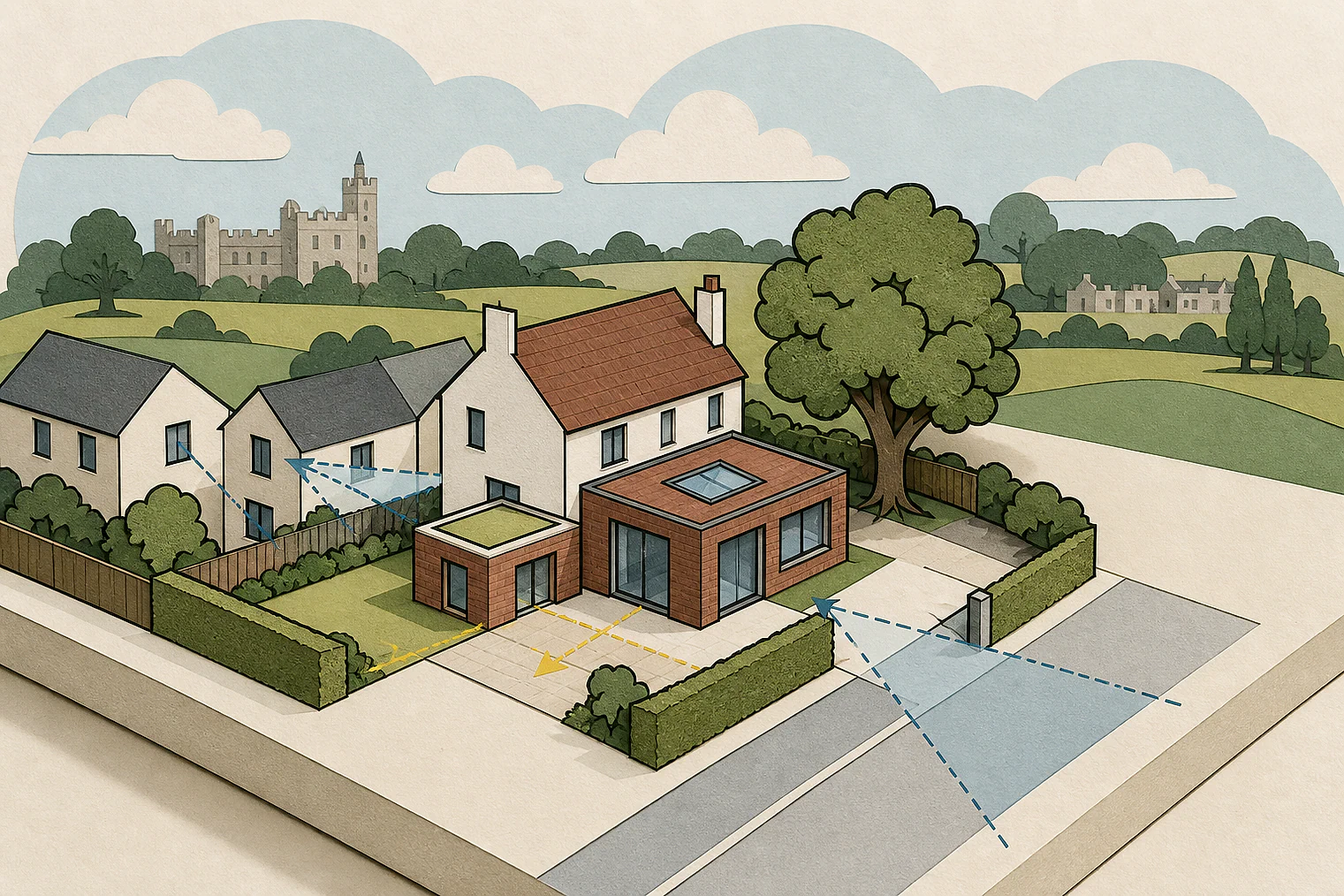 Cut-paper planning illustration for Ashford, showing extensions, neighbours, access and open land near simplified local landmarks.