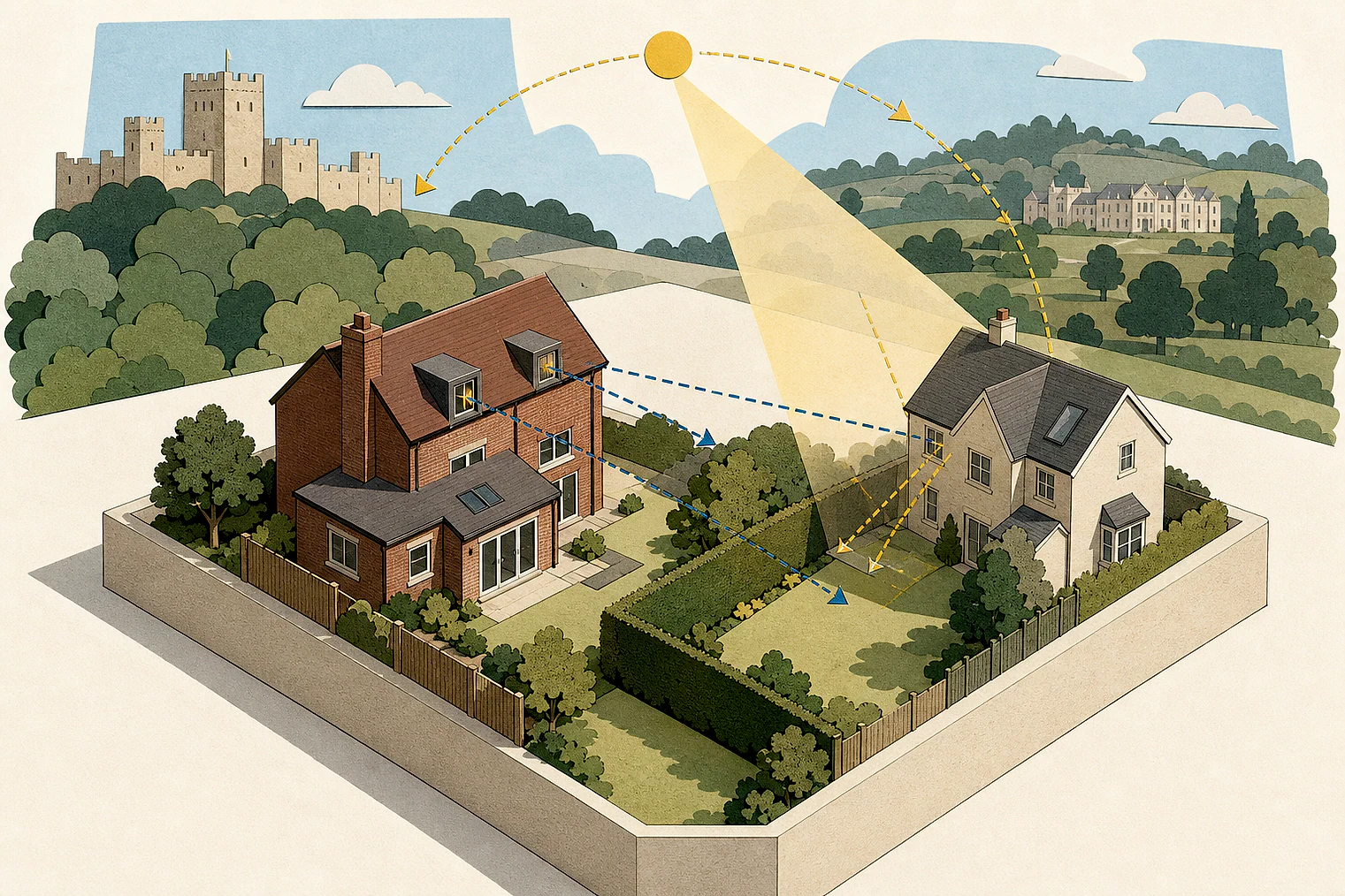 Cut-paper illustration of an imaginary privacy, daylight and neighbour living conditions planning issue in Ashford, with simplified local landmarks.