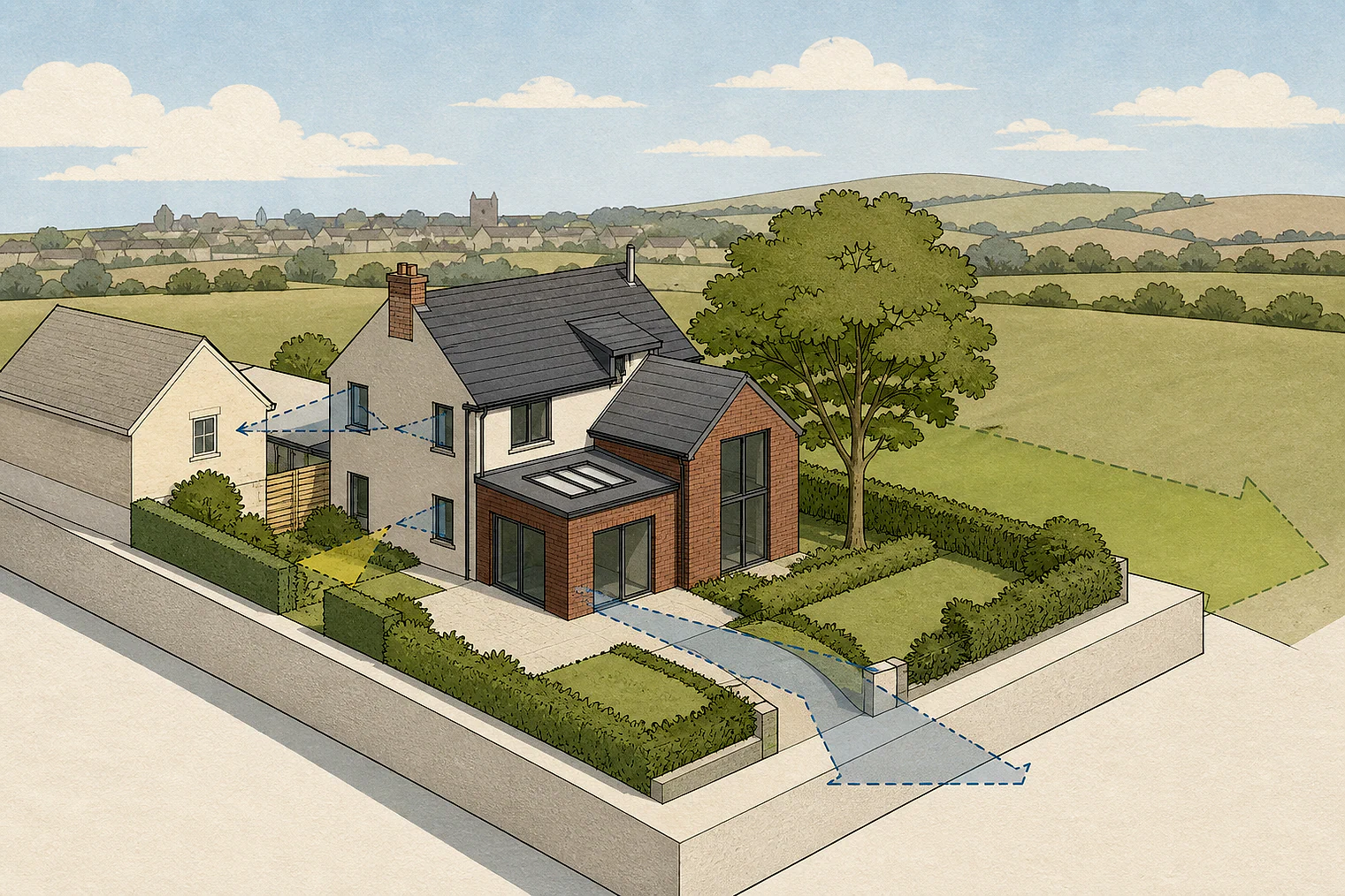 Cut-paper planning illustration for Babergh, showing extensions, neighbours, access and open land.