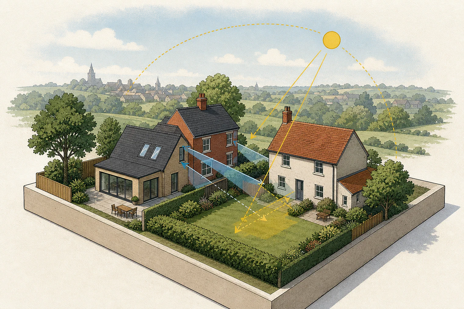 Cut-paper illustration of an imaginary privacy, daylight and neighbour living conditions planning issue in Babergh.