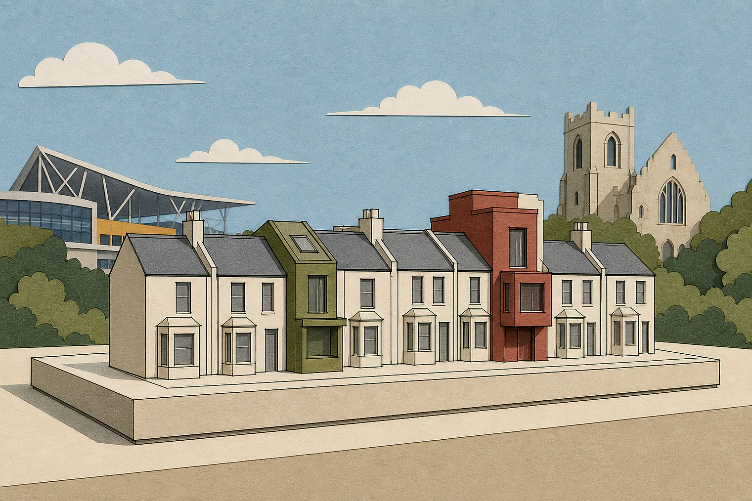 Cut-paper illustration of an imaginary character, scale and appearance planning issue in Barking and Dagenham, with simplified local landmarks.