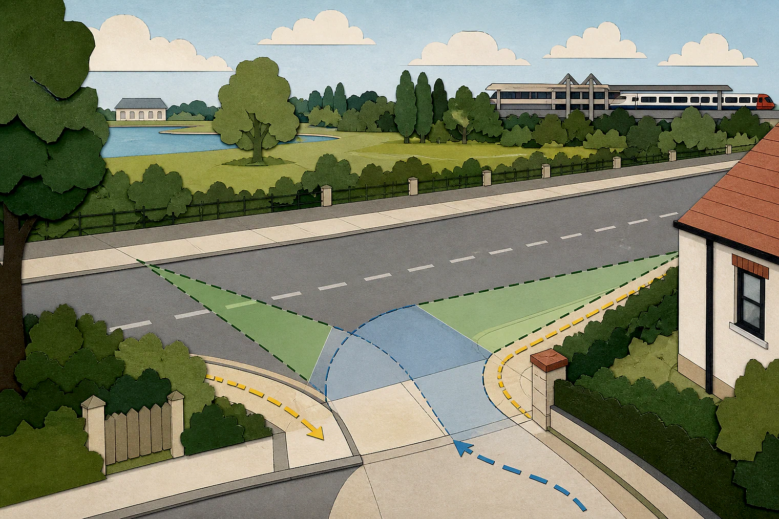 Cut-paper illustration of an imaginary access, visibility and highway safety planning issue in Barking and Dagenham, with simplified local landmarks.