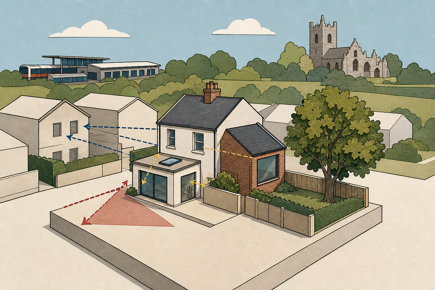 Cut-paper planning illustration for Barking and Dagenham, showing extensions, neighbours, access and open land near simplified local landmarks.