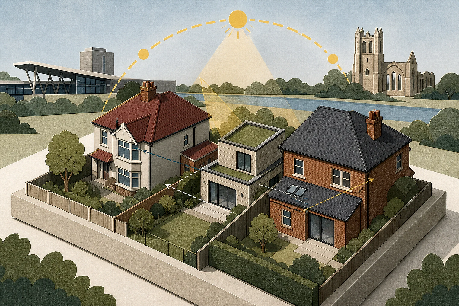 Cut-paper illustration of an imaginary privacy, daylight and neighbour living conditions planning issue in Barking and Dagenham, with simplified local landmarks.
