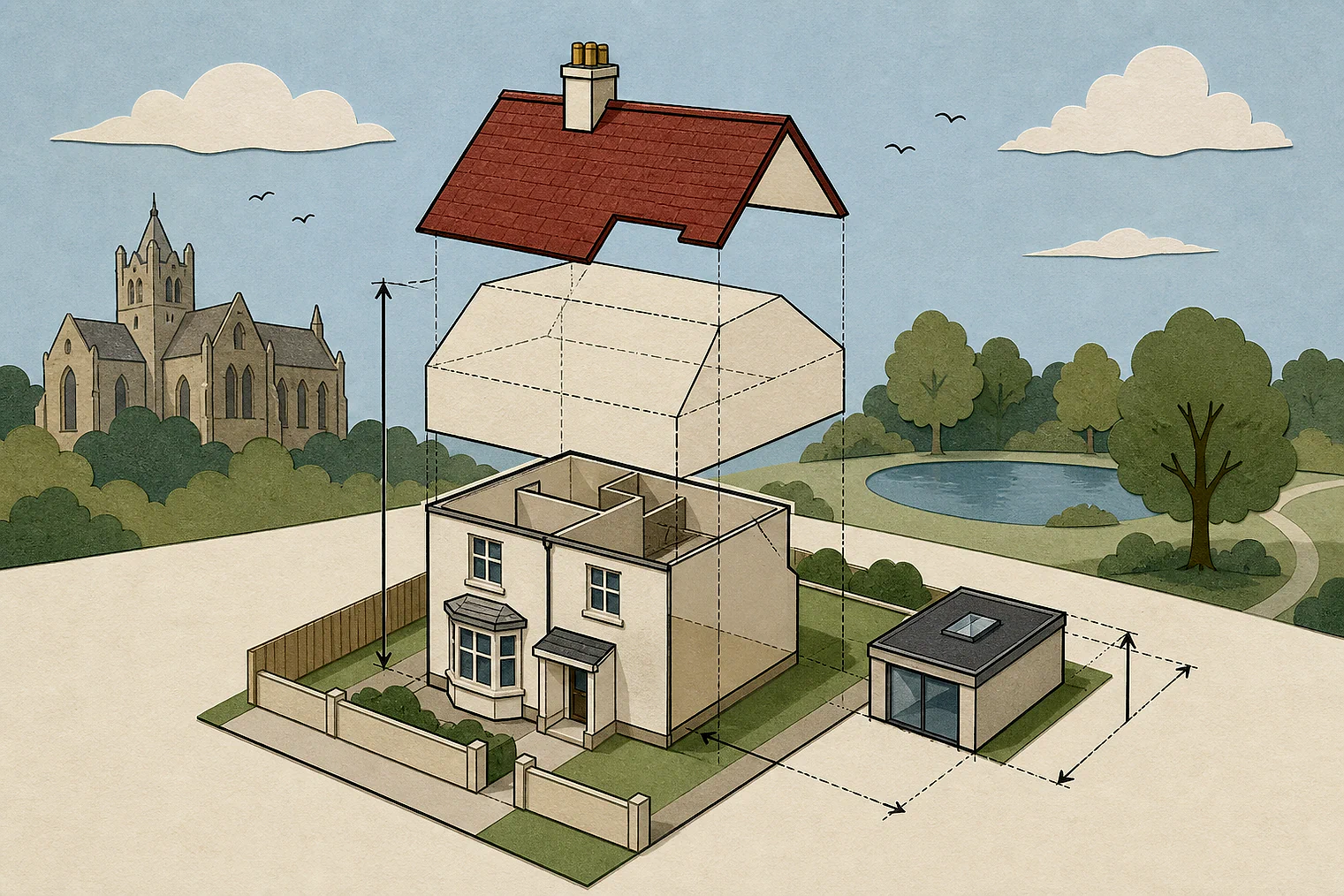 Cut-paper illustration of an imaginary permitted development dimensions and building relationships planning issue in Barking and Dagenham, with simplified local landmarks.