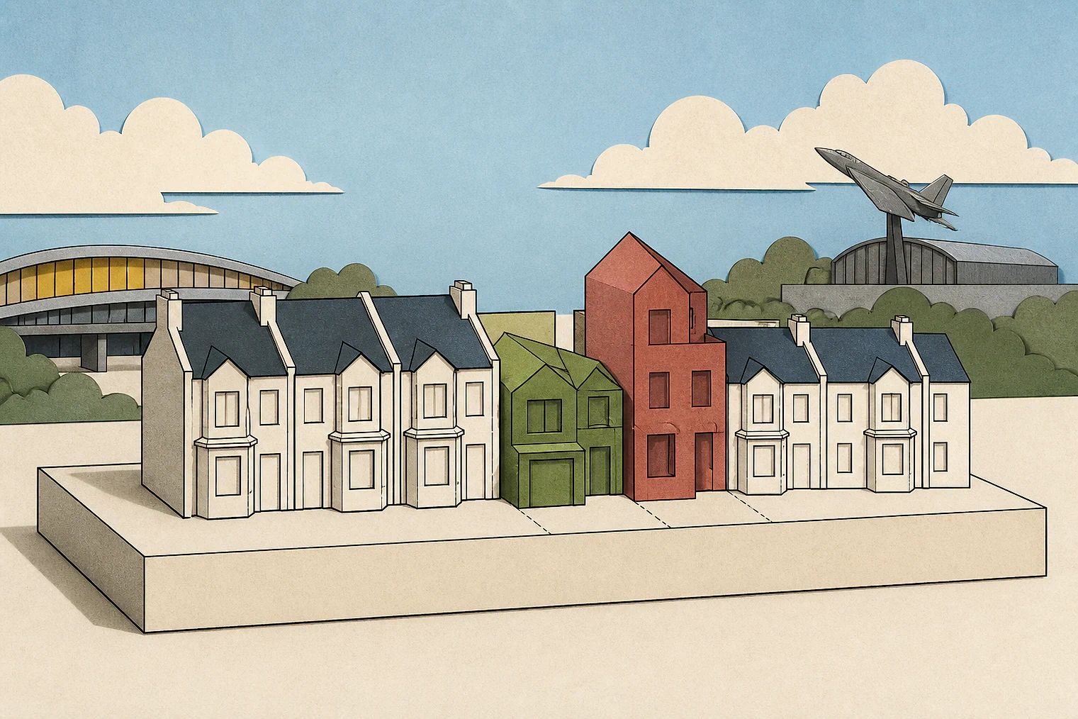 Cut-paper illustration of an imaginary character, scale and appearance planning issue in Barnet, with simplified local landmarks.