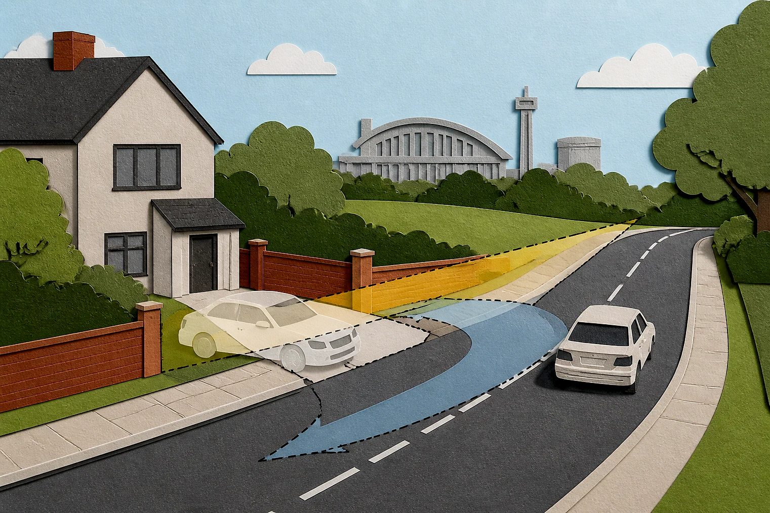 Cut-paper illustration of an imaginary access, visibility and highway safety planning issue in Barnet, with simplified local landmarks.