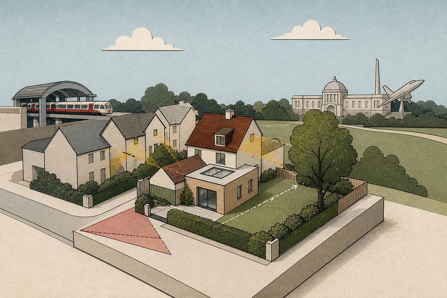 Cut-paper planning illustration for Barnet, showing extensions, neighbours, access and open land near simplified local landmarks.