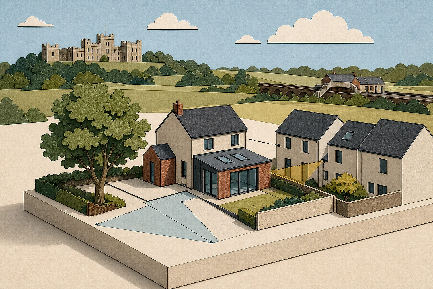 Cut-paper planning illustration for Barnsley Metropolitan, showing extensions, neighbours, access and open land near simplified local landmarks.
