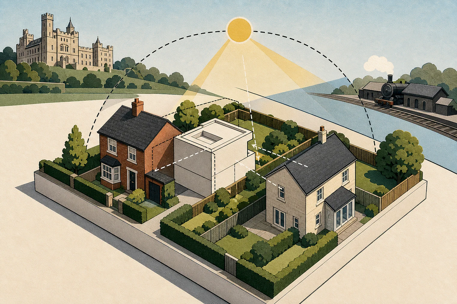 Cut-paper illustration of an imaginary privacy, daylight and neighbour living conditions planning issue in Barnsley Metropolitan, with simplified local landmarks.