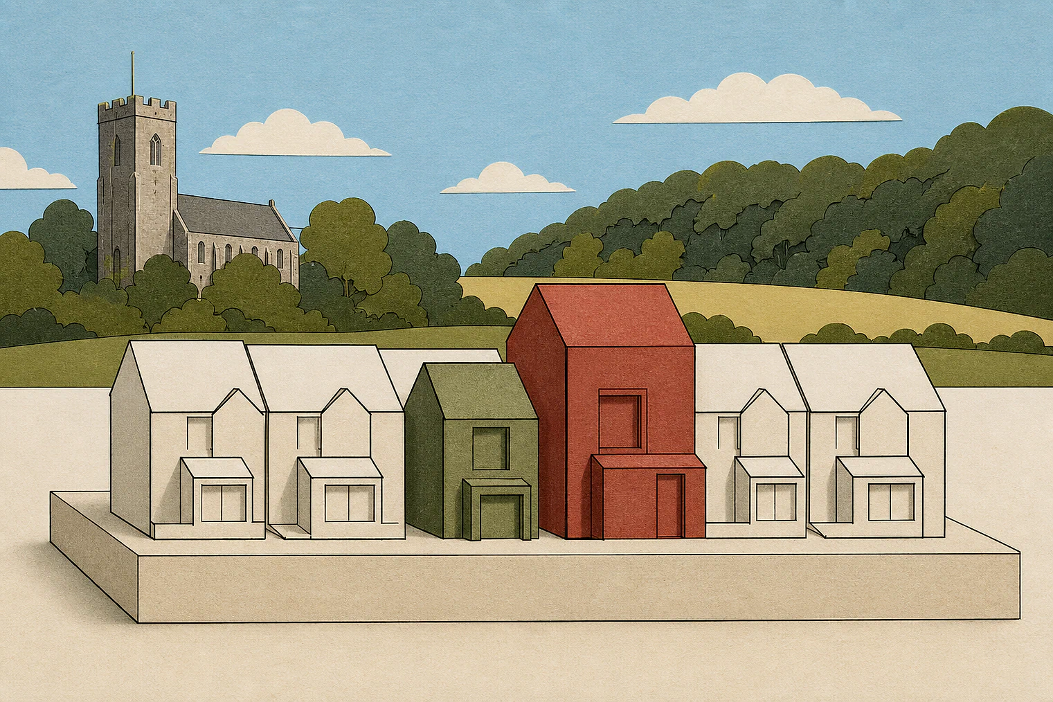Cut-paper illustration of an imaginary character, scale and appearance planning issue in Basildon, with simplified local landmarks.