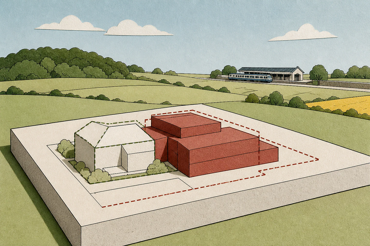 Cut-paper illustration of an imaginary building scale and Green Belt openness planning issue in Basildon, with simplified local landmarks.