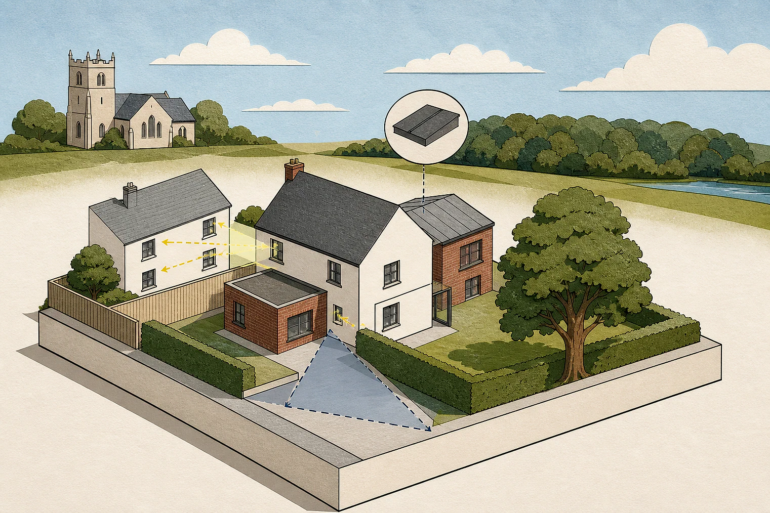 Cut-paper planning illustration for Basildon, showing extensions, neighbours, access and open land near simplified local landmarks.