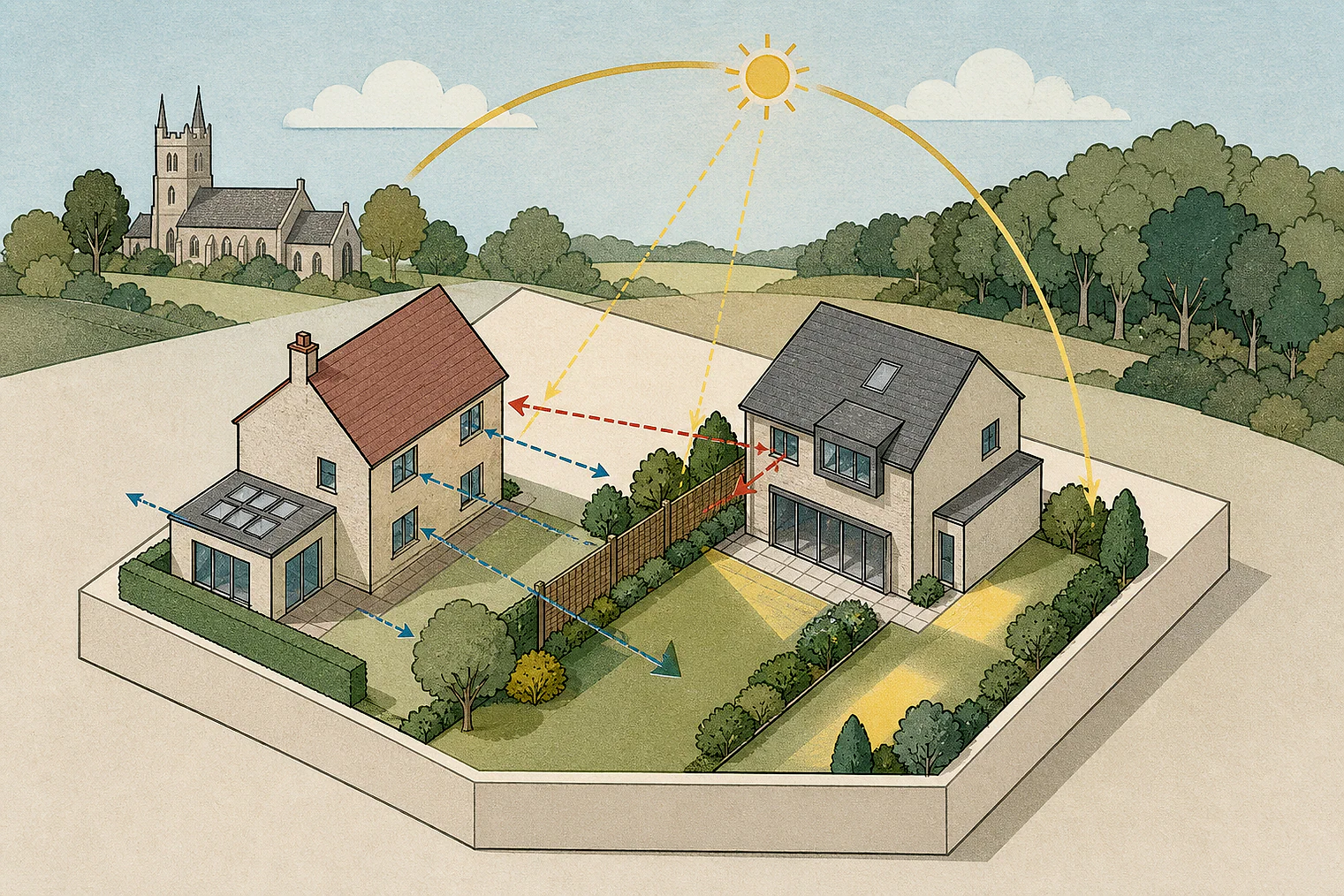 Cut-paper illustration of an imaginary privacy, daylight and neighbour living conditions planning issue in Basildon, with simplified local landmarks.