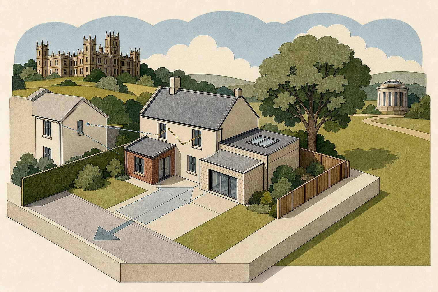 Cut-paper planning illustration for Basingstoke and Deane, showing extensions, neighbours, access and open land near simplified local landmarks.