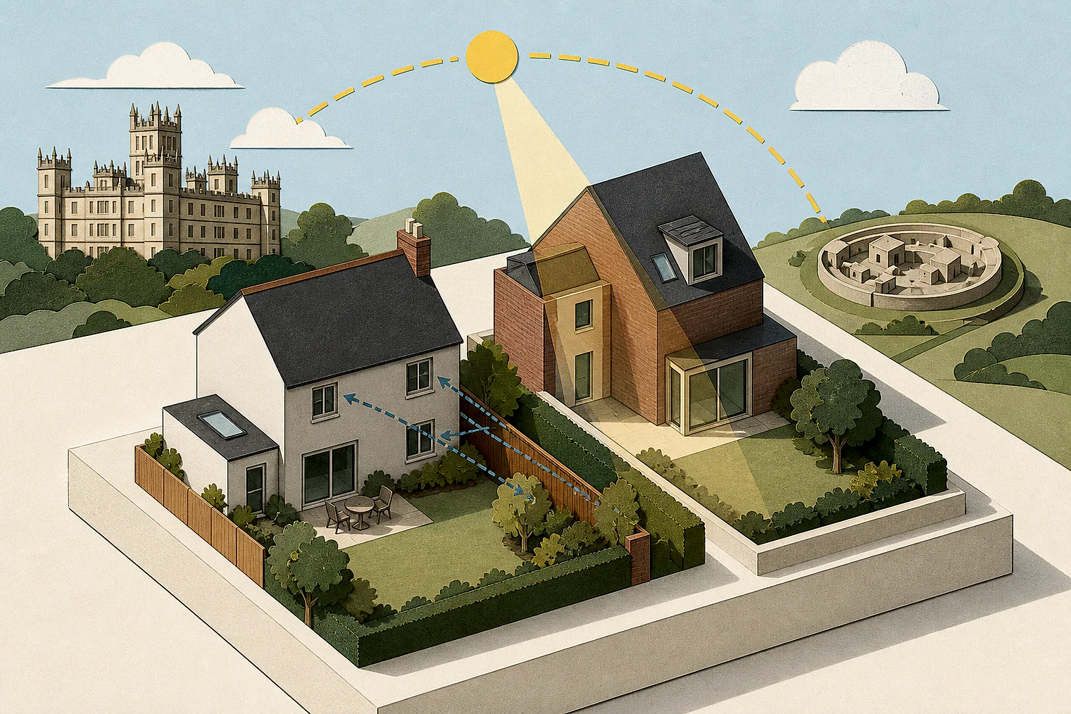Cut-paper illustration of an imaginary privacy, daylight and neighbour living conditions planning issue in Basingstoke and Deane, with simplified local landmarks.