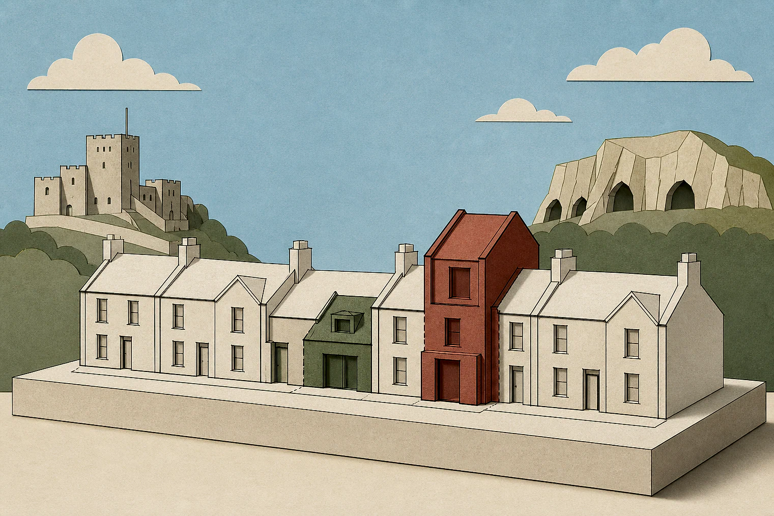 Cut-paper illustration of an imaginary character, scale and appearance planning issue in Bassetlaw, with simplified local landmarks.