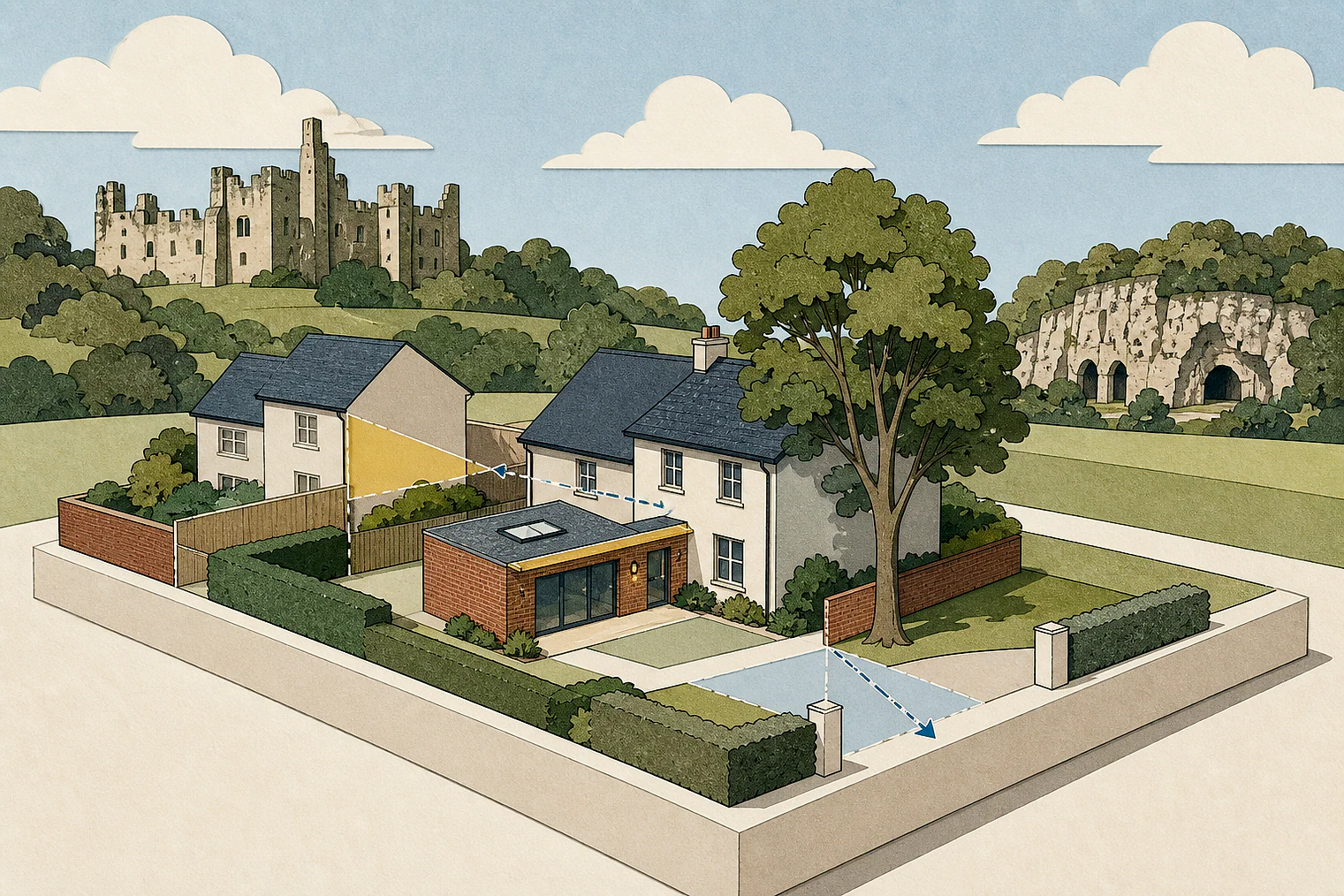 Cut-paper planning illustration for Bassetlaw, showing extensions, neighbours, access and open land near simplified local landmarks.