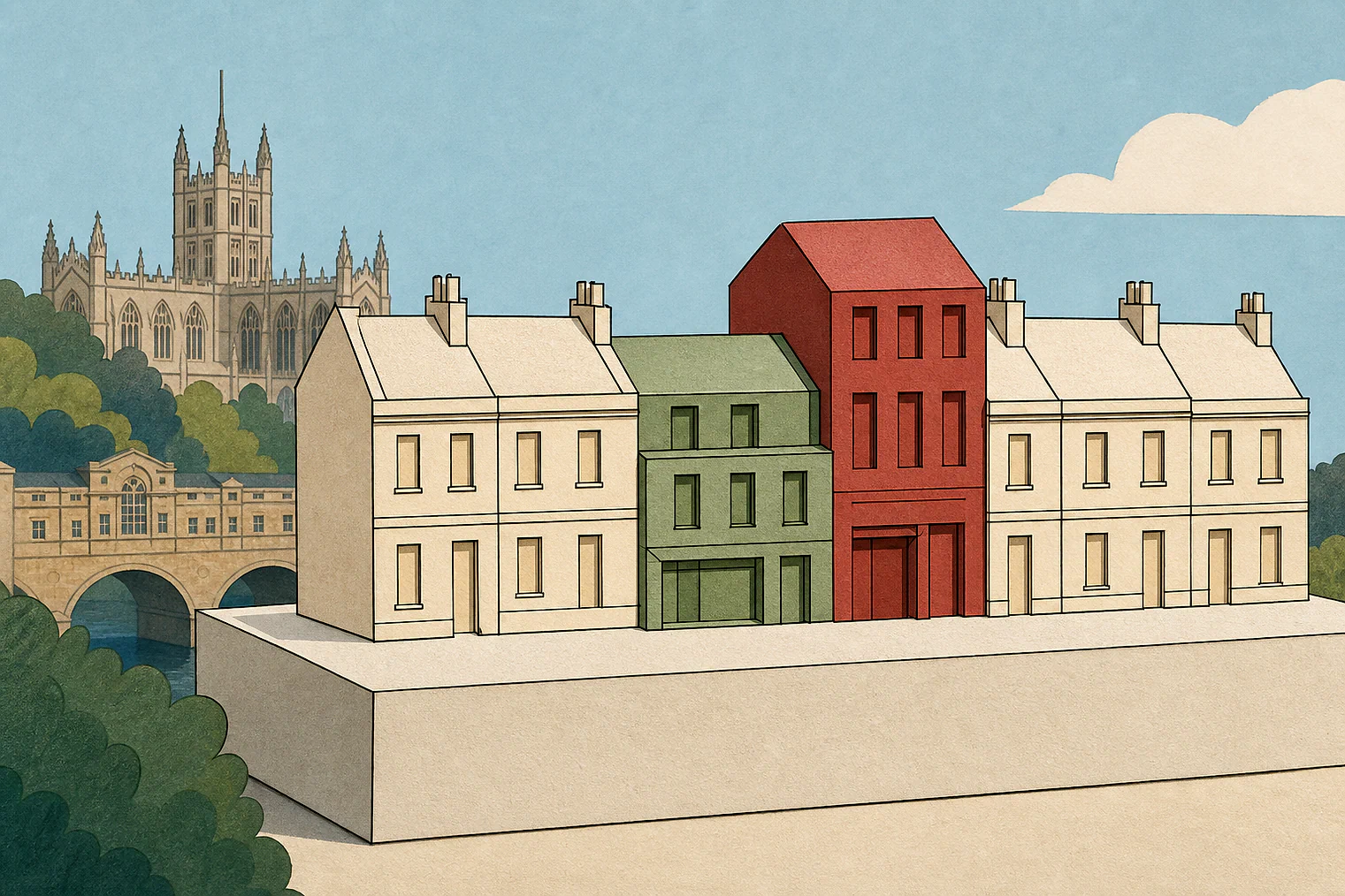 Cut-paper illustration of an imaginary character, scale and appearance planning issue in Bath and North East Somerset, with simplified local landmarks.