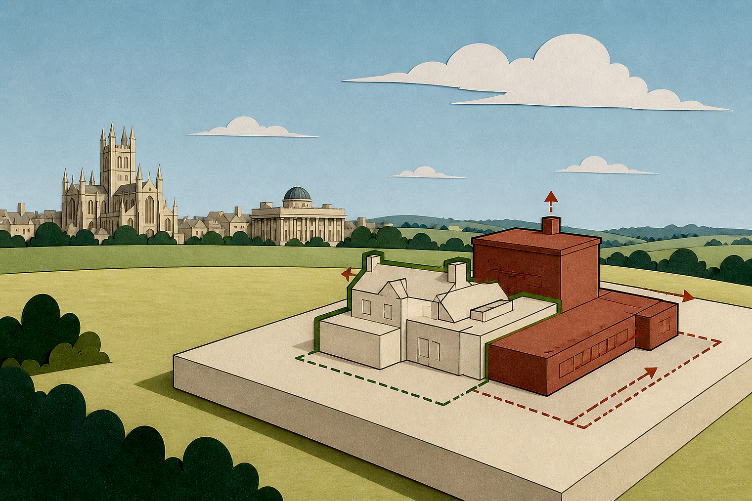 Cut-paper illustration of an imaginary building scale and Green Belt openness planning issue in Bath and North East Somerset, with simplified local landmarks.