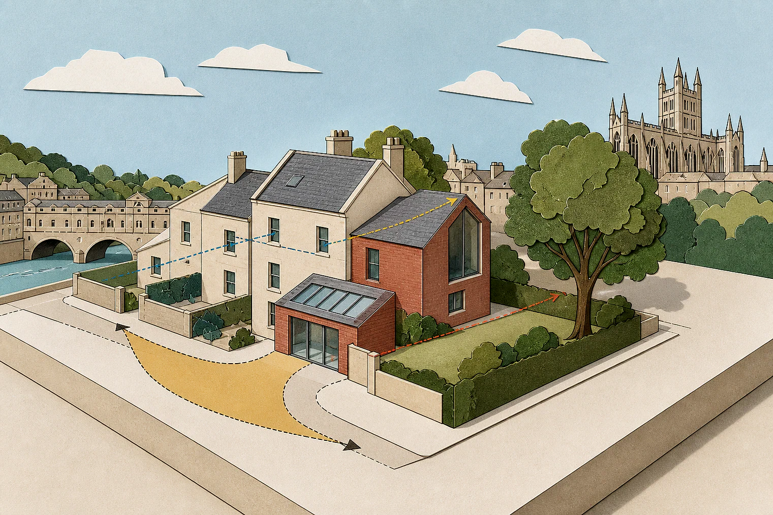 Cut-paper planning illustration for Bath and North East Somerset, showing extensions, neighbours, access and open land near simplified local landmarks.