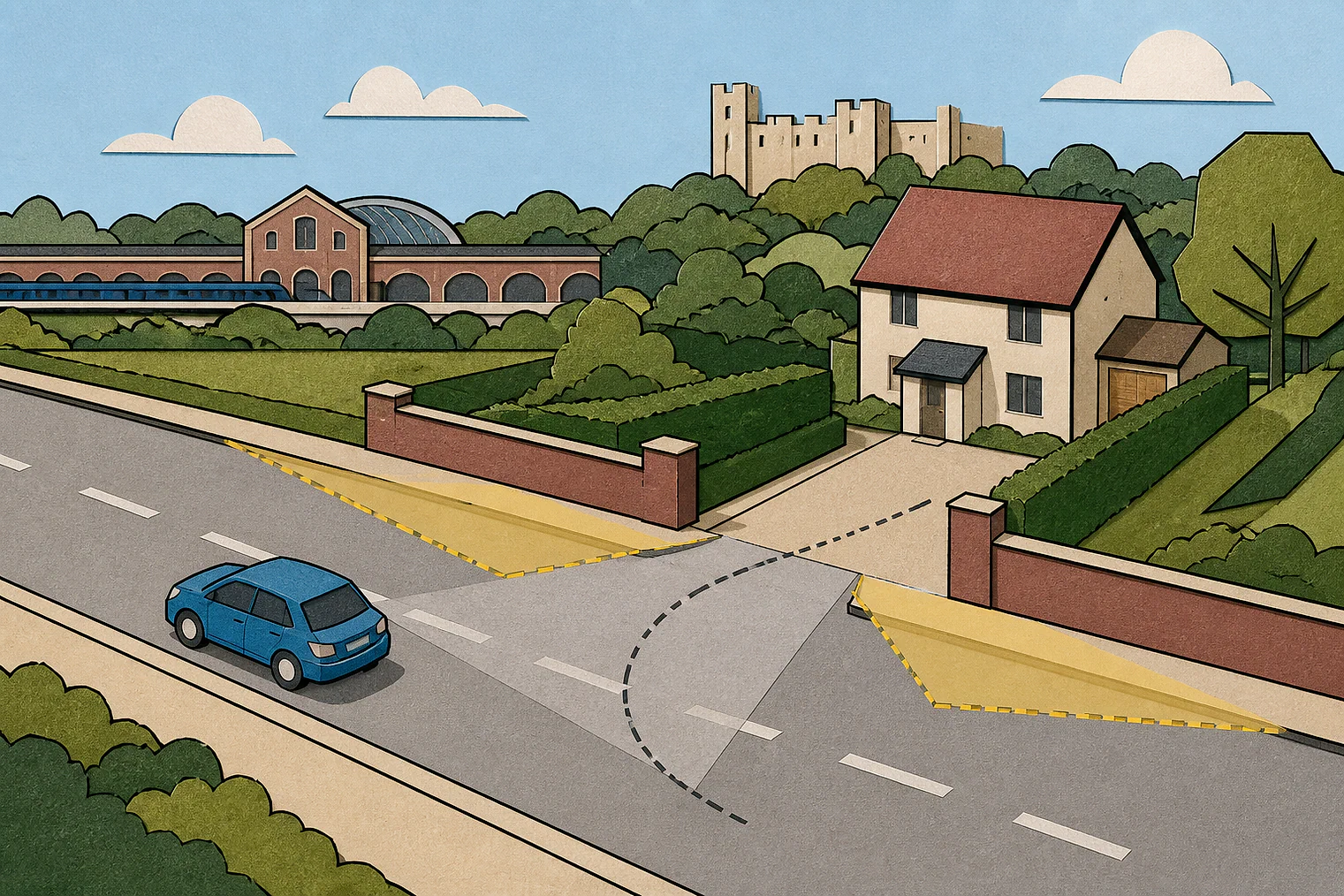 Cut-paper illustration of an imaginary access, visibility and highway safety planning issue in Bedford, with simplified local landmarks.