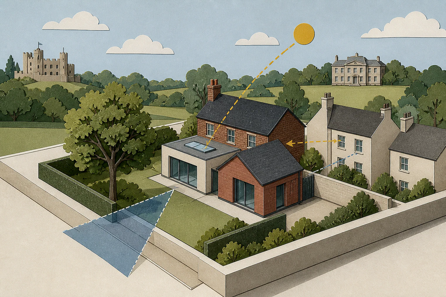 Cut-paper planning illustration for Bedford, showing extensions, neighbours, access and open land near simplified local landmarks.