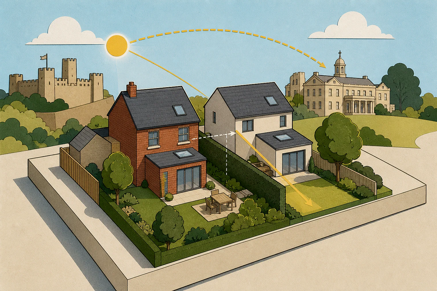 Cut-paper illustration of an imaginary privacy, daylight and neighbour living conditions planning issue in Bedford, with simplified local landmarks.