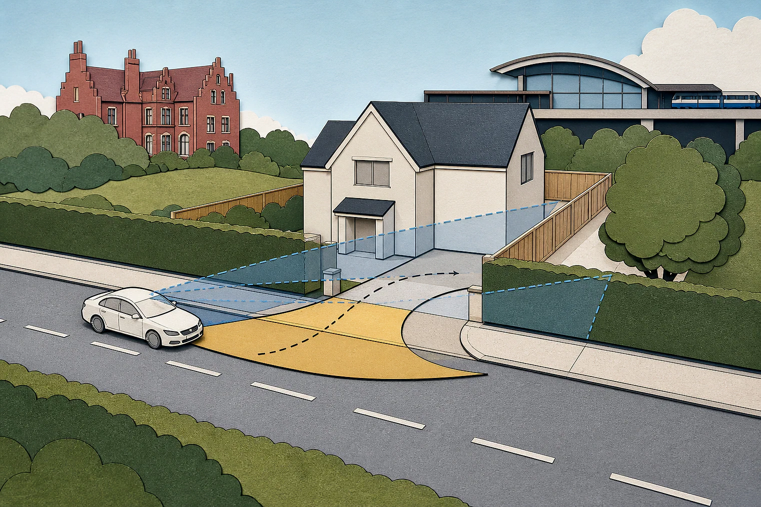 Cut-paper illustration of an imaginary access, visibility and highway safety planning issue in Bexley, with simplified local landmarks.