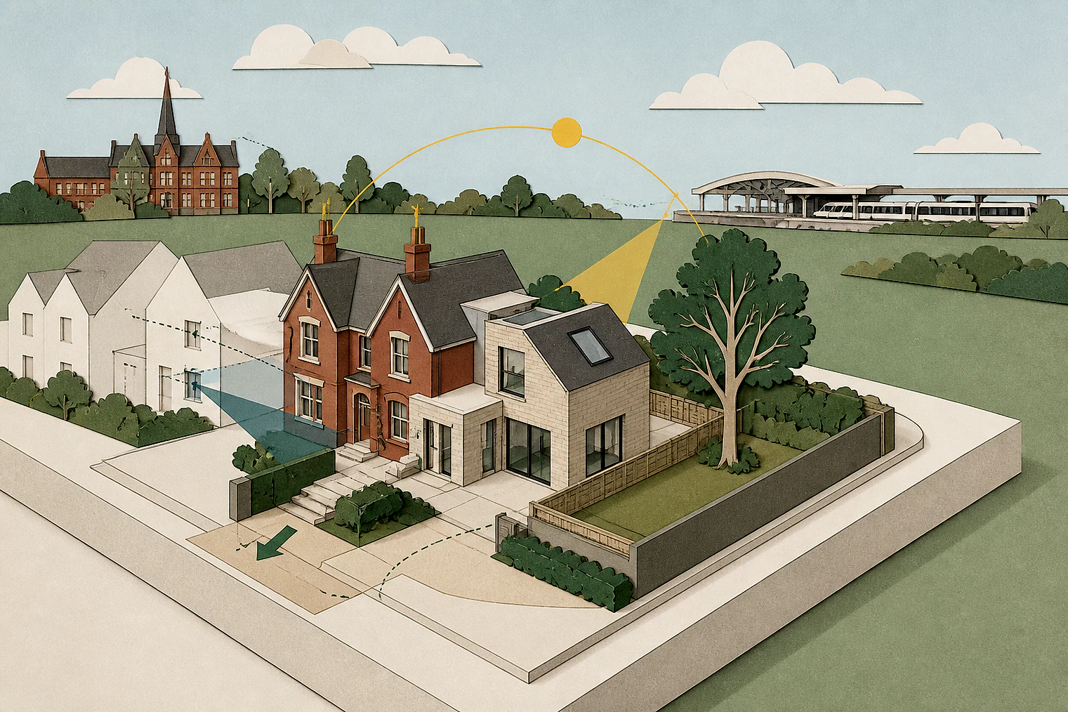 Cut-paper planning illustration for Bexley, showing extensions, neighbours, access and open land near simplified local landmarks.