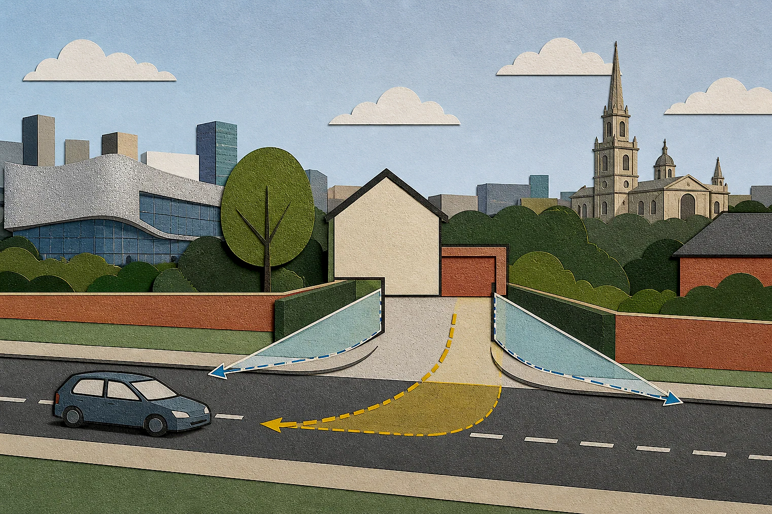Cut-paper illustration of an imaginary access, visibility and highway safety planning issue in Birmingham, with simplified local landmarks.