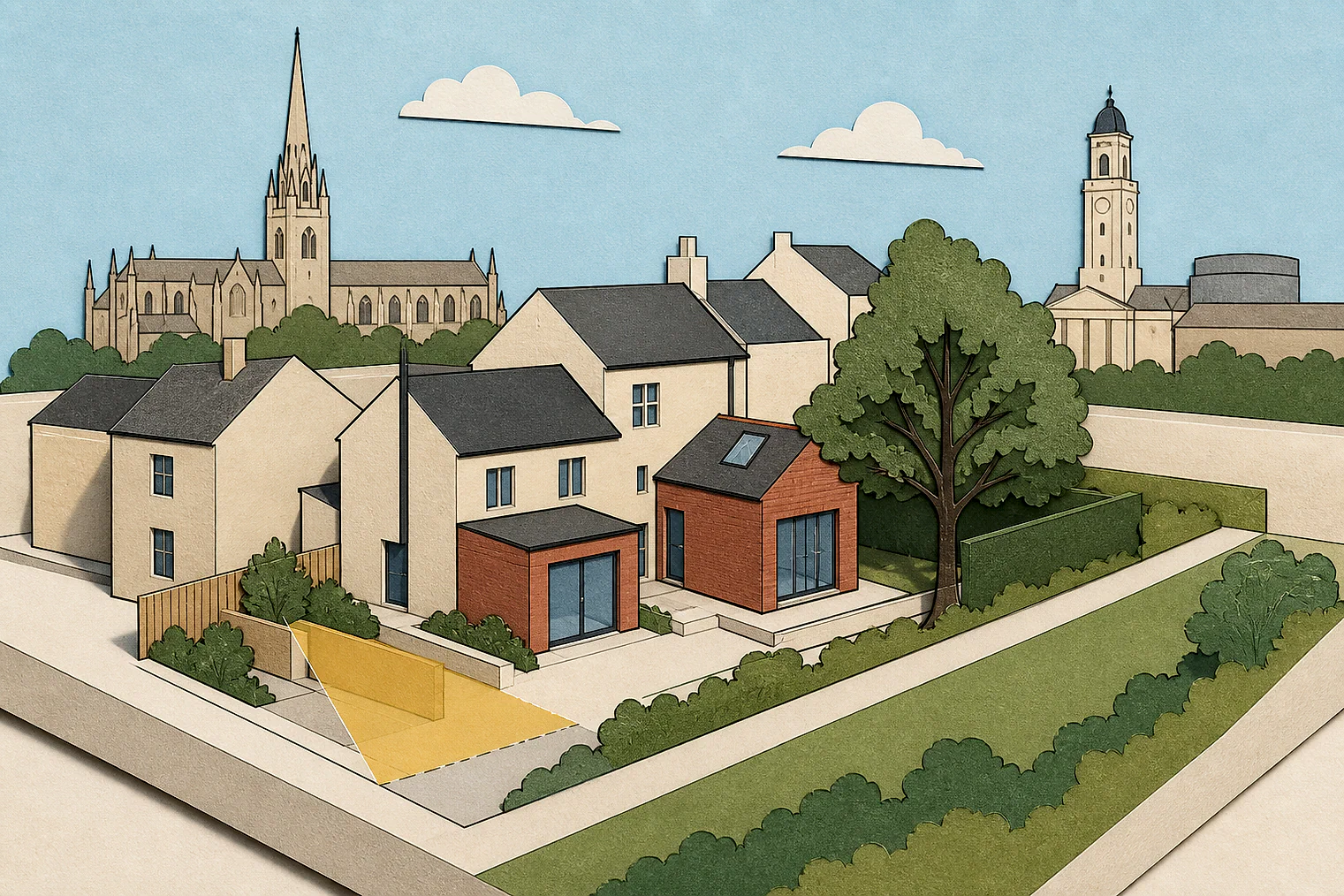 Cut-paper planning illustration for Birmingham, showing extensions, neighbours, access and open land near simplified local landmarks.