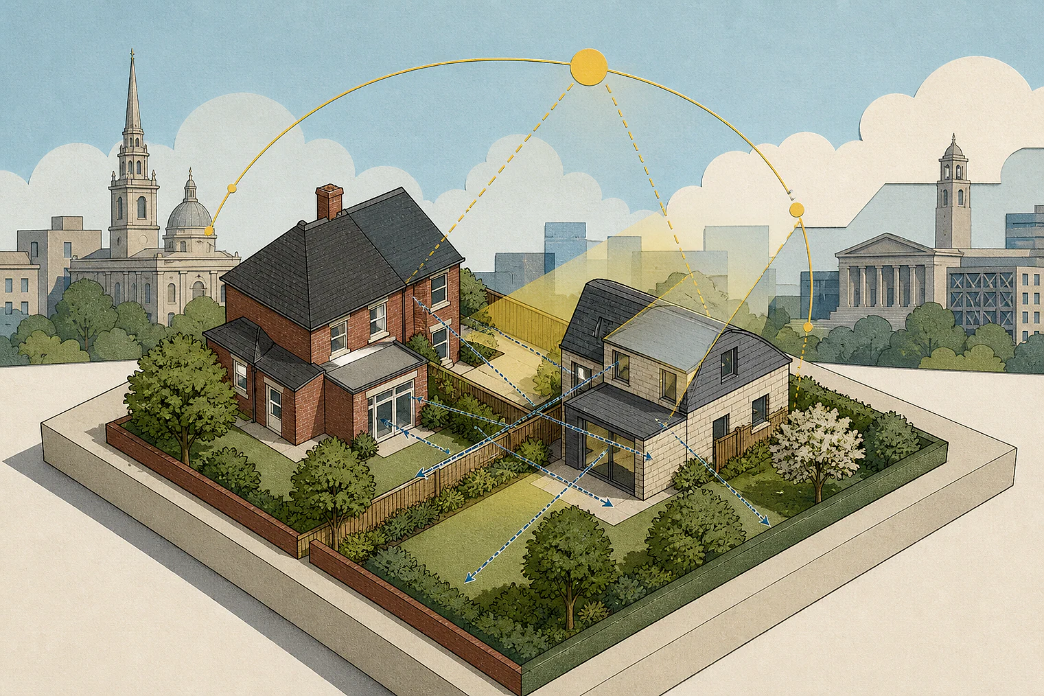 Cut-paper illustration of an imaginary privacy, daylight and neighbour living conditions planning issue in Birmingham, with simplified local landmarks.
