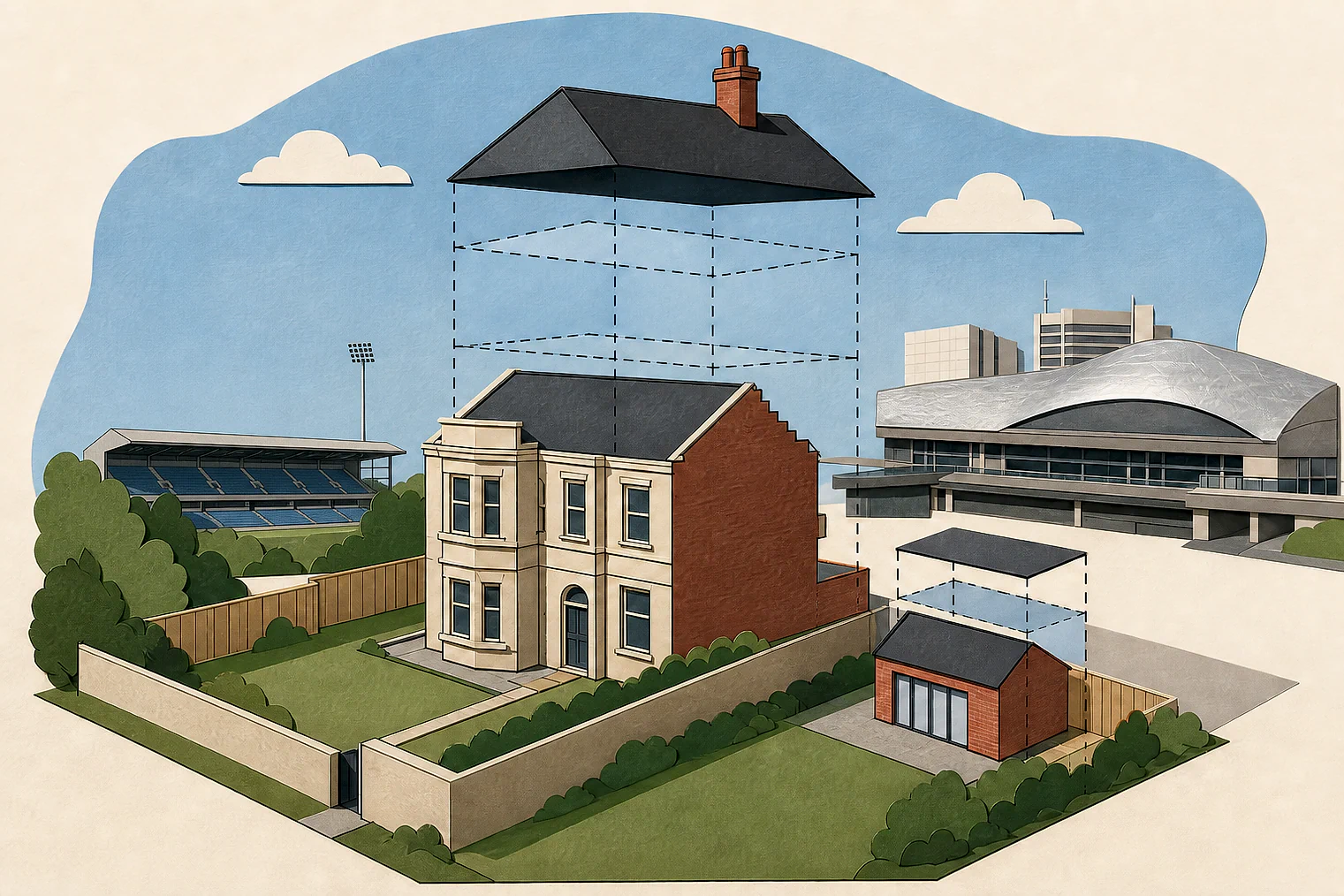 Cut-paper illustration of an imaginary permitted development dimensions and building relationships planning issue in Birmingham, with simplified local landmarks.