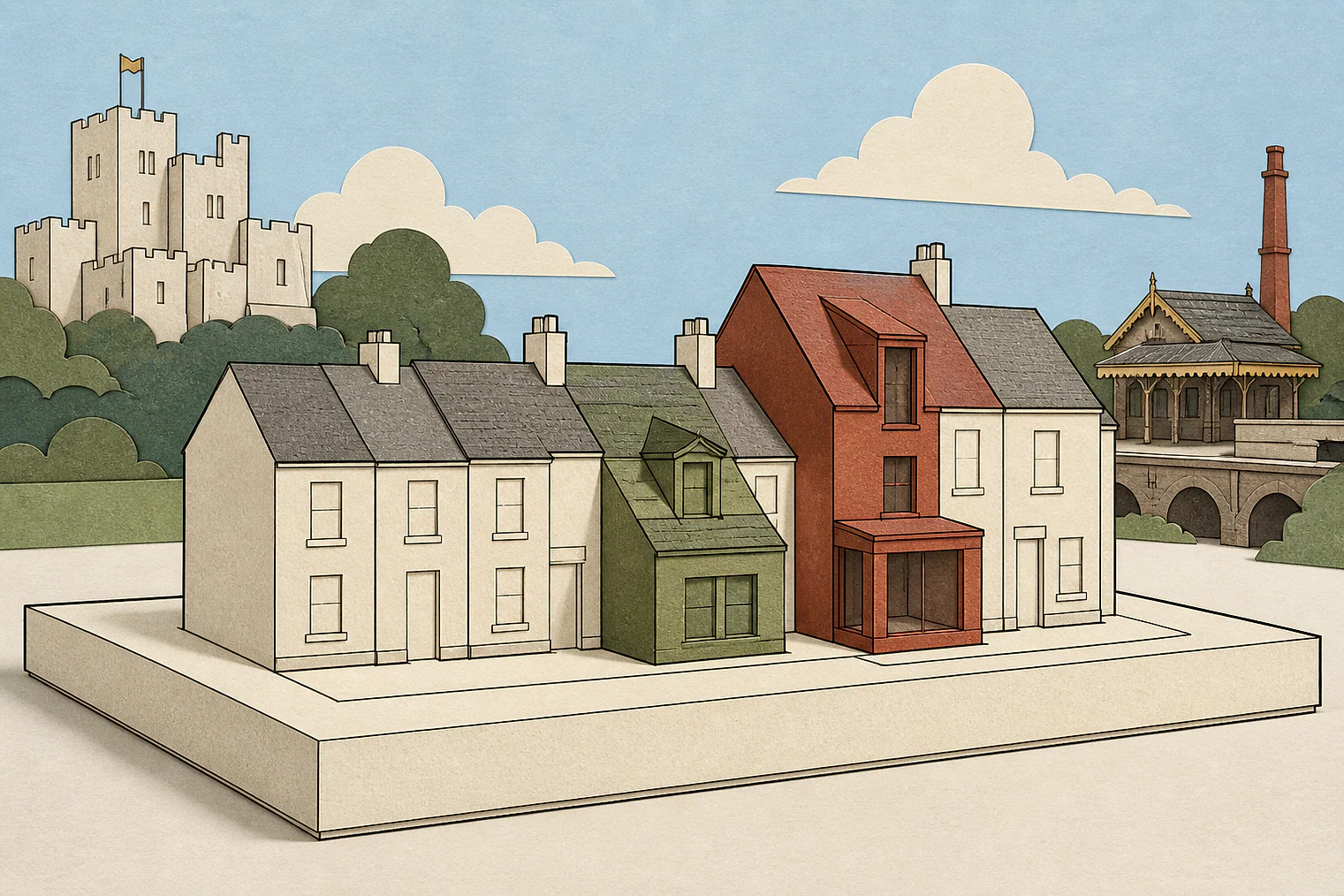 Cut-paper illustration of an imaginary character, scale and appearance planning issue in Blaby, with simplified local landmarks.
