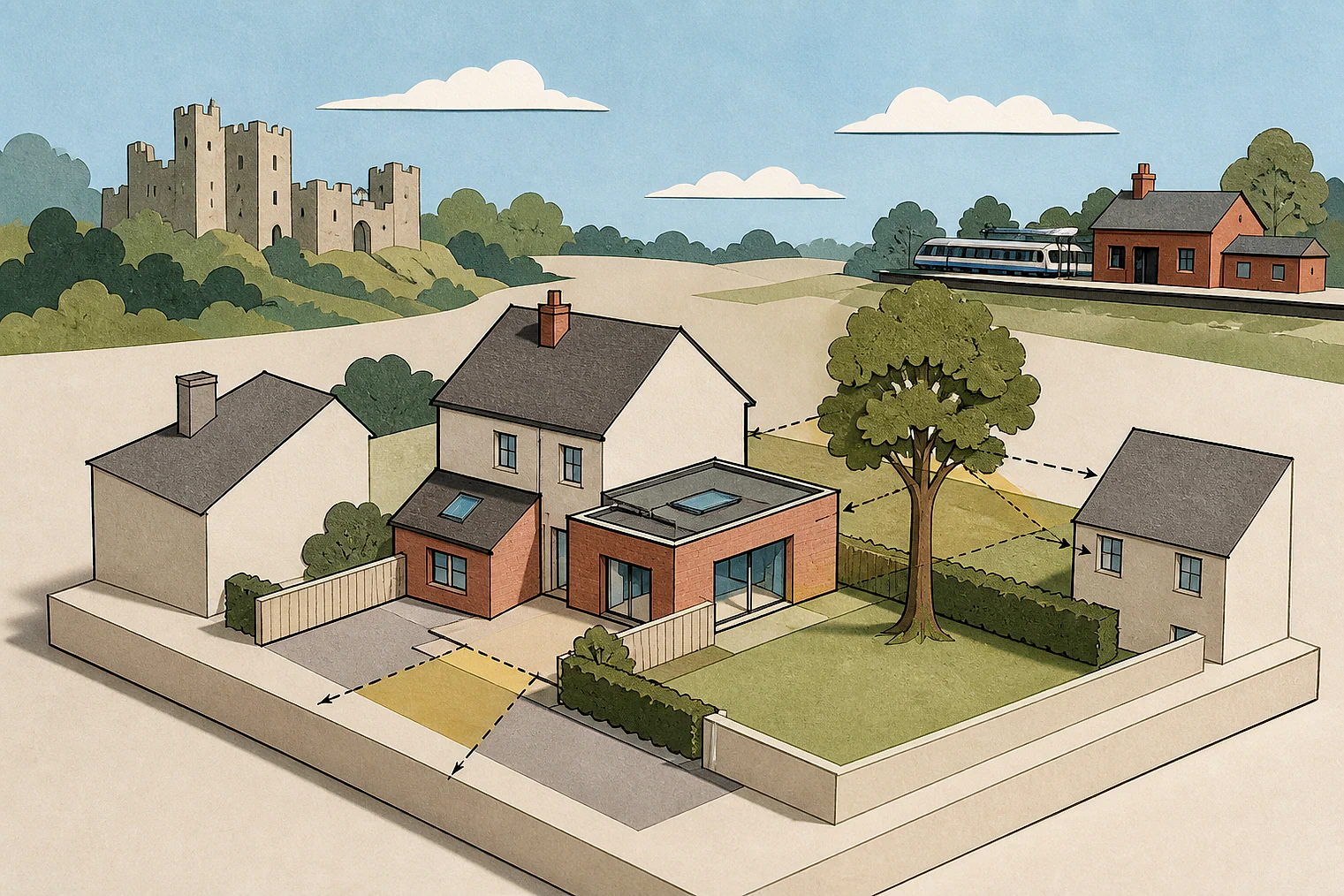 Cut-paper planning illustration for Blaby, showing extensions, neighbours, access and open land near simplified local landmarks.