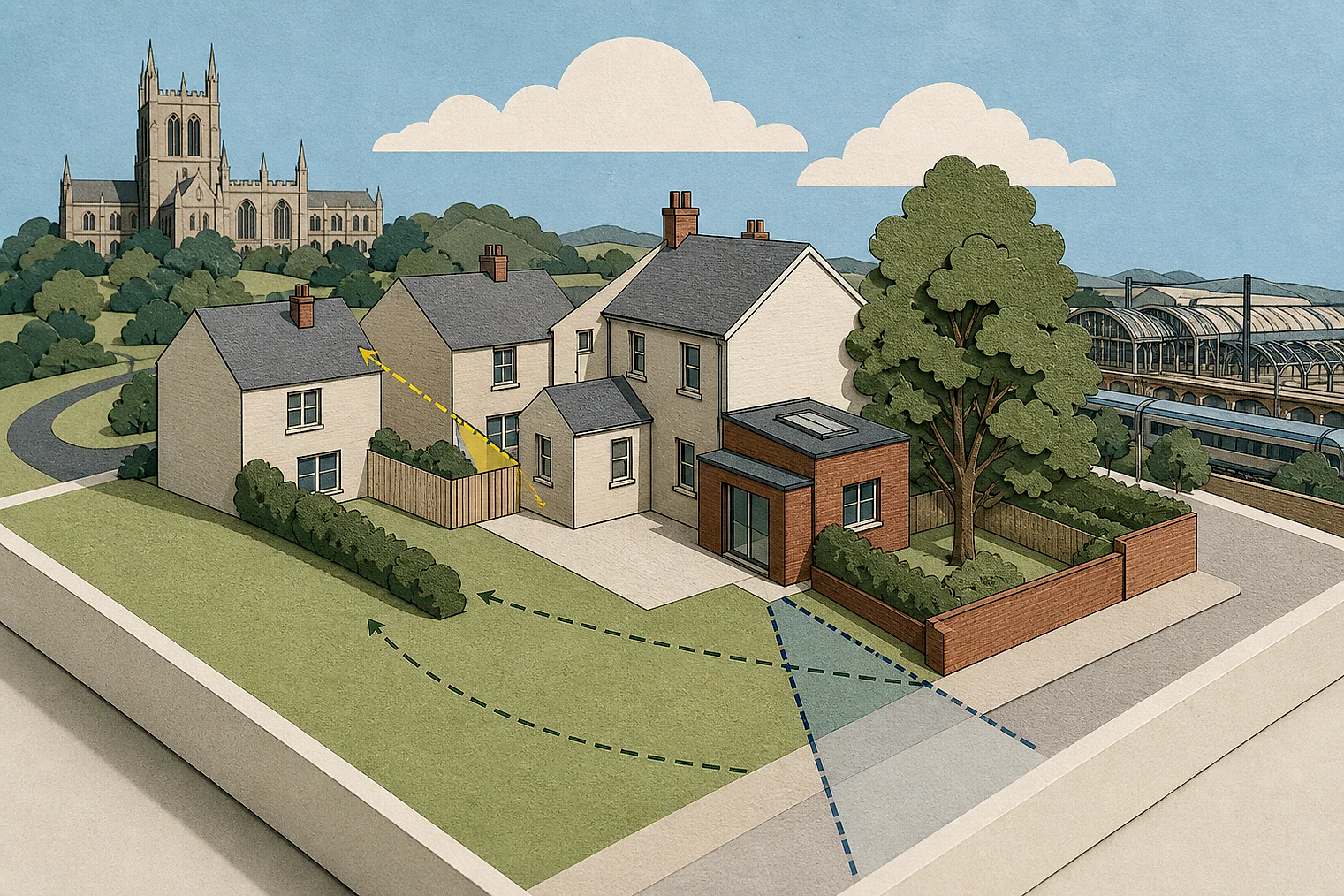 Cut-paper planning illustration for Blackburn with Darwen, showing extensions, neighbours, access and open land near simplified local landmarks.