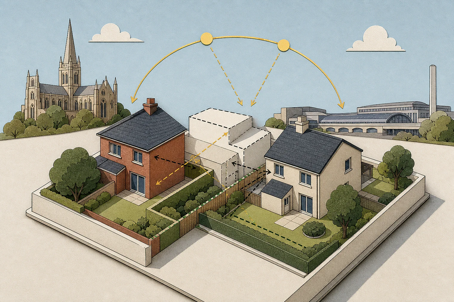 Cut-paper illustration of an imaginary privacy, daylight and neighbour living conditions planning issue in Blackburn with Darwen, with simplified local landmarks.