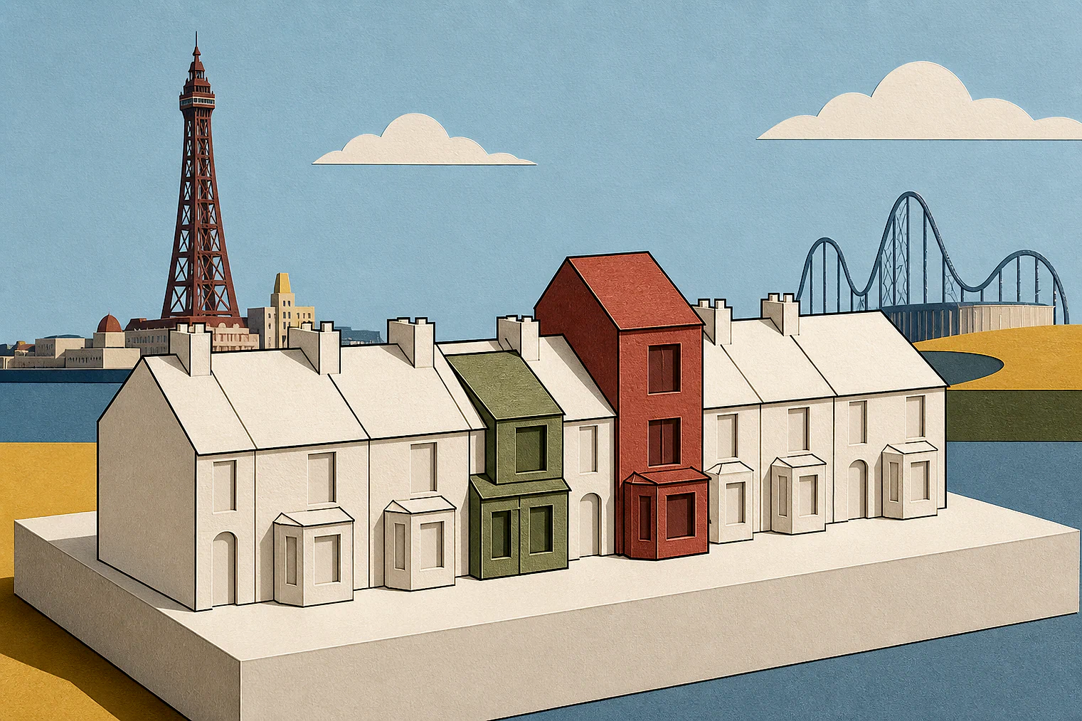 Cut-paper illustration of an imaginary character, scale and appearance planning issue in Blackpool, with simplified local landmarks.