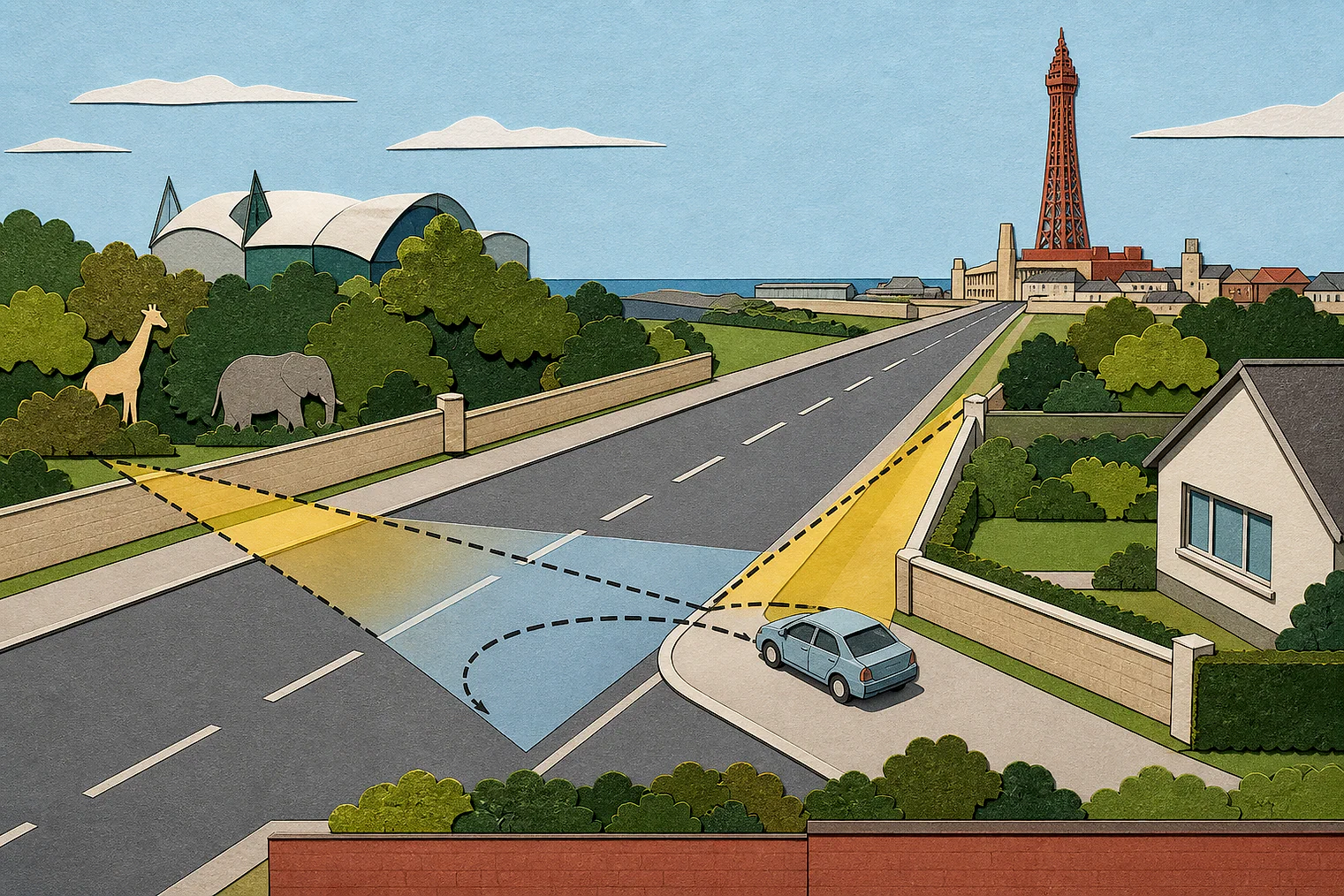 Cut-paper illustration of an imaginary access, visibility and highway safety planning issue in Blackpool, with simplified local landmarks.