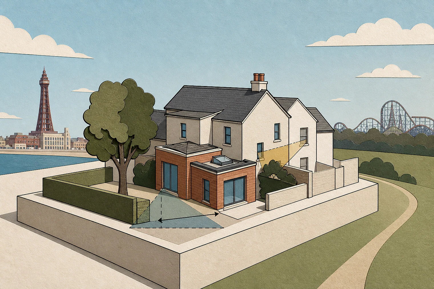 Cut-paper planning illustration for Blackpool, showing extensions, neighbours, access and open land near simplified local landmarks.