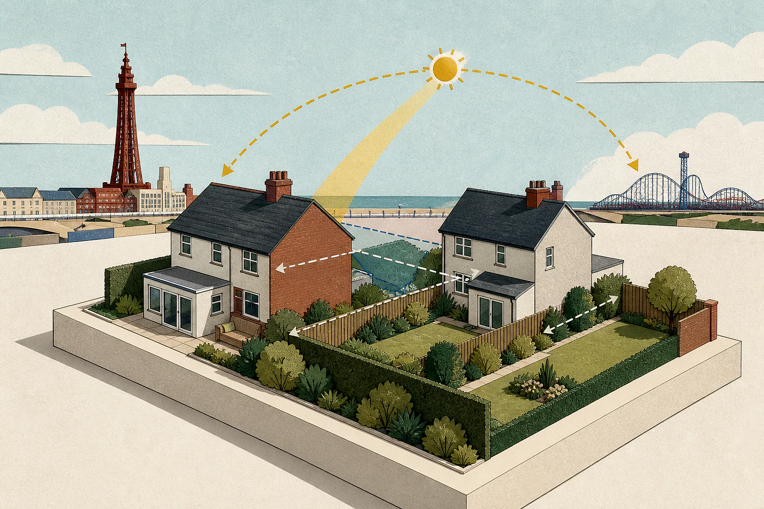 Cut-paper illustration of an imaginary privacy, daylight and neighbour living conditions planning issue in Blackpool, with simplified local landmarks.